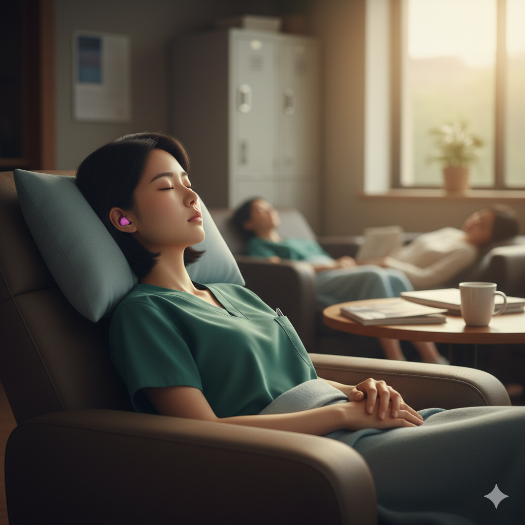 간호사휴게실에서 맥스 귀마개 9종 샘플팩을 착용하고 휴식을 취하는 여성