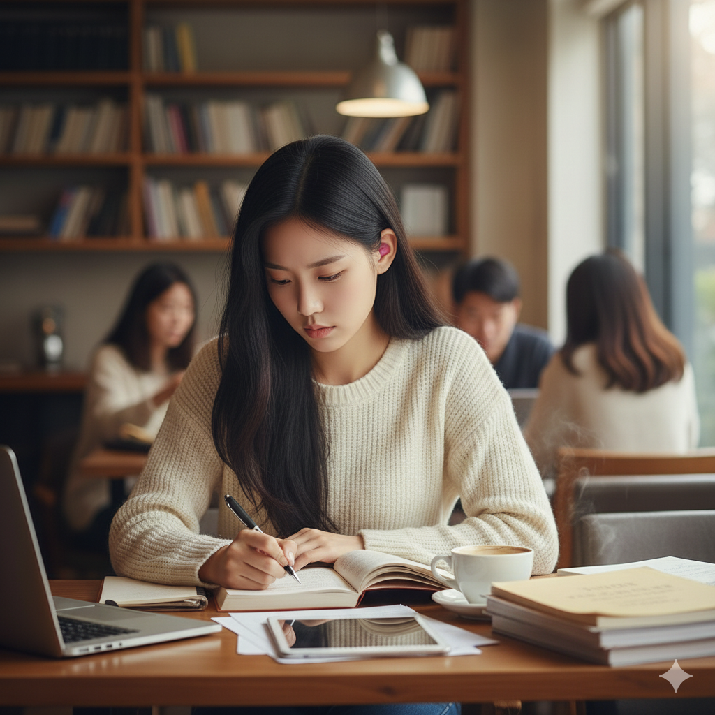 스터디카페에서 맥스 귀마개 9종 샘플팩을 착용하고 열심히 공부하는 여성