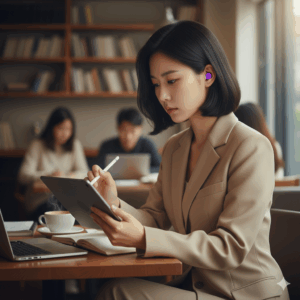 카페에서 맥스 귀마개 9종 샘플팩을 착용하고 열심히 공부하는 여성