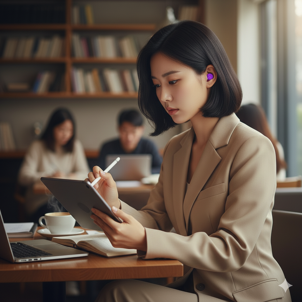 카페에서 맥스 귀마개 9종 샘플팩을 착용하고 열심히 공부하는 여성